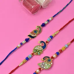 MEIRA JEWELLERY Set Of 3 Meenakari Peacock Rakhis With Greeting Card & Roli Chawal-image-45
