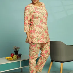 9shines Label Printed Round Neck Three-Quarter Sleeves Pure Cotton Kurti & Pyjama-picture-26