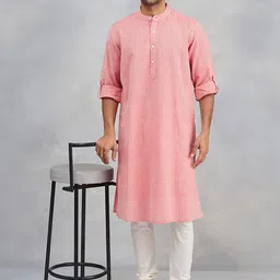 Fabindia Striped Band Collar Roll Up Sleeve Cotton Straight Kurta-picture-53