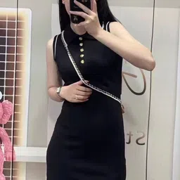 KPOP Women Shirt Collar Above Knee Sleeveless Bodycon Dress-image-50