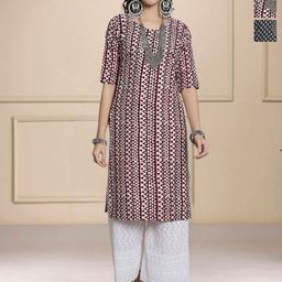 HERE&NOW Selection Of 3 Geometric Printed Round Neck Straight Kurtas-image-83