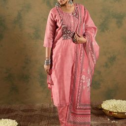 Indo Era Floral Embroidered Regular Chanderi Silk Straight Kurta with Trousers & Dupatta-image-20