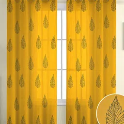 THE LINEN COMPANY Mustard & Blue Set of 2 Floral Sheer Window Curtain-5