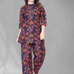 Anouk Navy Blue Floral Printed Mandarin Collar Tunic With Trousers-39