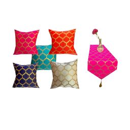 Pink Parrot Mutli Coloured Ethnic Motifs 1 Piece Runner With 5 Pieces Cushion Covers-image-98