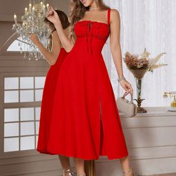 AAHWAN Women Shoulder Straps Slits Fit & Flare Midi Dress-image-23