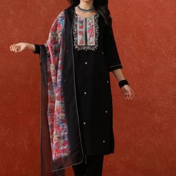 QSH Women Ethnic Motifs Embroidered Kurta with Trousers & Dupatta-picture-49