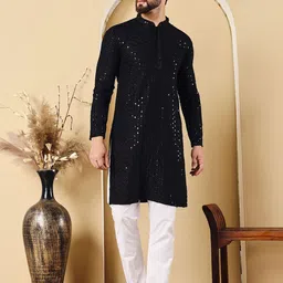 Shiv Leela Geometric Embroidered Mandarin Collar Sequinned Straight Kurta-image-15
