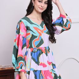 JAINISH Print Puff Sleeve Fit & Flare Dress-image-63