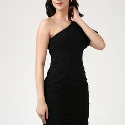 FILMODE Women One Shoulder Cotton Bodycon Above Knee Dress-image-35