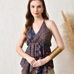 KALAMIR Women Ethnic Motifs Printed Halter Neck Cotton Asymmetric Hem Top-picture-37