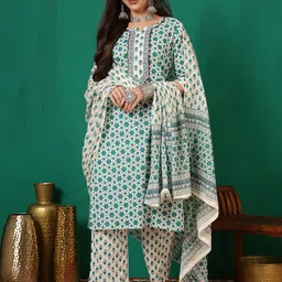 Sangria Floral Printed Pure Cotton Straight Kurta With Trouser & Dupatta-24