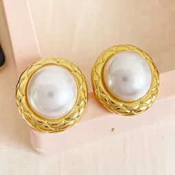 VAGHBHATT Gold-Plated Textured Rim Pearls Studded Circular Studs image 2