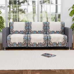 Aura Cream-Coloured & Blue Cotton Sofa Cover-9