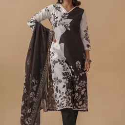 Sangria Women Floral Printed Linen Kurta with Trouser & Dupatta-picture-26