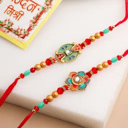 Anouk Set of 2 Stones Studded & Beaded Bhaiya Bhabhi Rakhi With Roli Chawal Chandan Mishri-0