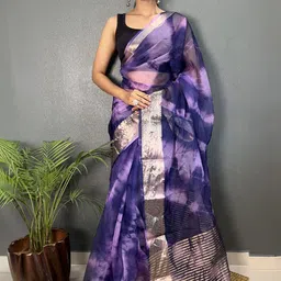 KALINI Tie and Dye Zari Organza Leheriya Saree-image-58
