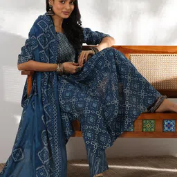 Libas Bandhani Printed Sequinned A-Line Kurta With Trousers & Dupatta image 1