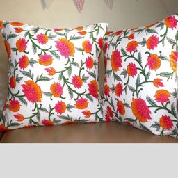 PILOVILO Orange & Pink 2 Pieces Floral Printed Cotton Silk Square Cushion Covers-image-16