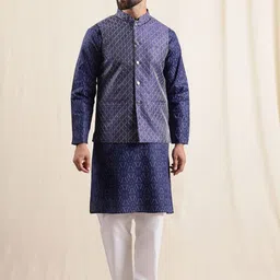 Anouk Geometric Printed Band Collar Straight Kurta With Pyjama And Nehru jacket-image-68
