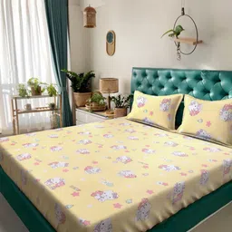 Myntra Elegant Homes Yellow & Pink Cartoon Characters Flat 400 TC Cotton King Bedsheet with 2 Pillow Covers-image-56