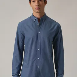 Banana Club Cobalt Men Blue Plain Elbow Patch Oxford Shirt-image-63