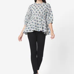 KALINI Women Floral Print Mandarin Collar Puff Sleeve Cotton Top-picture-40