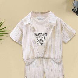 FOREVER FRIDAY Boys Striped Pure Cotton T-shirt and Shirt with Shorts-image-89