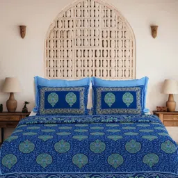 BED-SHEET.COM Blue & Green Printed Pure Cotton 240 TC King Bedsheet Set 2.74 m x 2.74 m-image-23