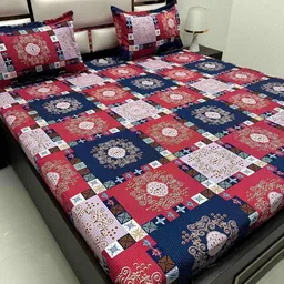 Pure Decor Blue & Red Ethnic Motifs 330 TC Queen Bedsheet with 2 Pillow Covers-image-89