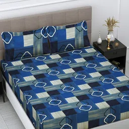 Myntra Elegant Homes Blue & White Geometric 300 TC Super King Bedsheet Set-2.70 m X 2.70 m-image-91