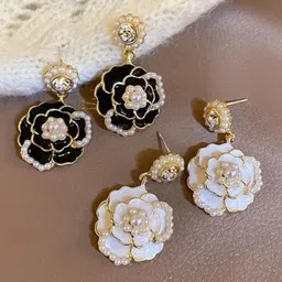 styledose Set of 2 Sterling Silver Stone Studded & Beaded Floral Shaped Drop Earrings-25
