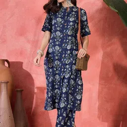 Sangria Women Floral Printed Cotton Kurta with Trousers-image-42
