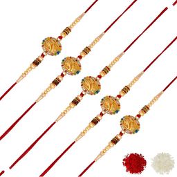MEIRA JEWELLERY 7 Pcs Om Rakhi With Greeting Card & Roli Chawal-image-85