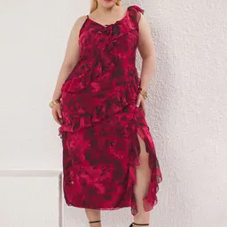 Trendyol Women Floral Print Round Neck Ruffles A-Line Midi Dress-image-28