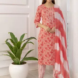RANGREAL Women Floral Printed Regular Pure Cotton Kurti with Trousers & With Dupatta-54