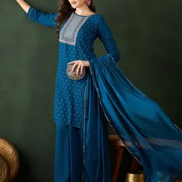 Sangria Embroidered Straight Kurta Palazzo with Dupatta-21