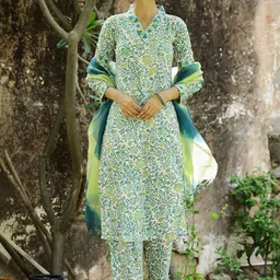 KALINI Floral Printed V Neck Straight Kurta With Trousers & Dupatta-image-83