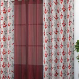 Galaxy Home Decor Maroon & White 3 Pieces Floral Printed Sheer Long Door Curtains-image-76