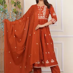 MF Hayat Women Floral Embroidered Pleated Thread Work Cotton Kurta with Pyjamas & Dupatta-image-66
