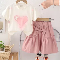 INCLUD Girls Heart Printed Round Neck T-Shirt With Shorts-9