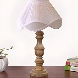 Devansh Off White & Brown Textured Wooden Frustum Shaped Table Lamp-13