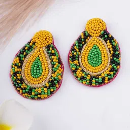 Sangria Yellow Artificial Beaded Teardrop Shaped Drop Earrings-10
