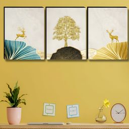 Aura Grey & Gold-Toned 3 Pieces Tree Deer Printed Wooden Wall Paintings-image-88