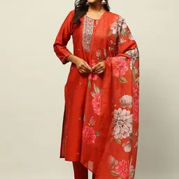 Rangriti Floral Embroidered Sequinned Straight Kurta with Trousers & Dupatta-picture-51