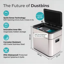 The Better Home Stainless Steel Sensor Dual Compartment Dustbin With Lid26 L image 2