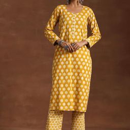 Libas Women Floral Printed Panelled Sequinned Pure Cotton Kurta with Trousers-12