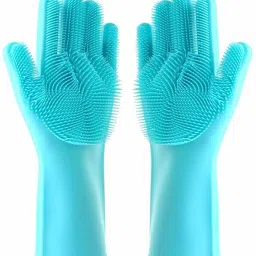 TE-Magic Silicone Dish Washing Gloves, Silicon Cleaning Gloves, Silicon Hand Gloves for Kitchen Dishwashing and Pet Grooming Set (Free Size 1 PAIR) (BLUE) Wet and Dry Glove-image-44