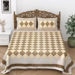 Desi Mantra Brown & White Floral 120 TC Queen Bedsheet with 2 Pillow Covers-image-75