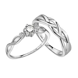 Bling Queen Set Of 2 Silver Plated Solitaire Crystal Adjustable Couple Ring Set-15